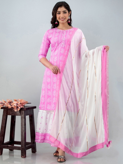 

Lovista Women Pink Bandhani Printed Kurta with Skirt & With Dupatta