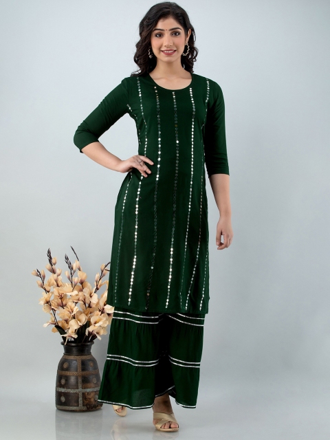 

Lovista Women Green Embroidered Mirror Work Kurta with Palazzos