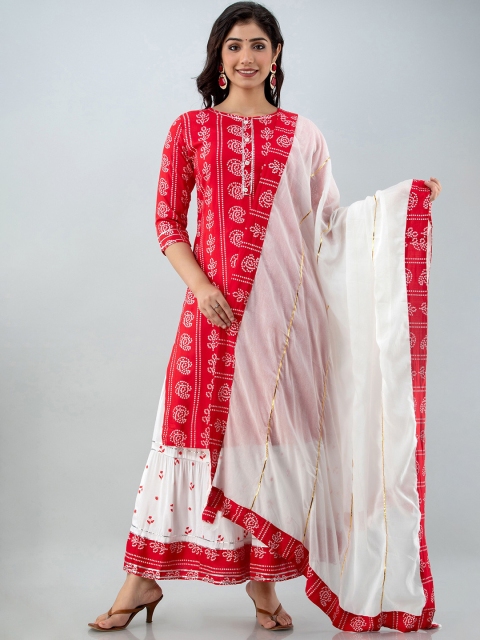 

Lovista Women Red Ethnic Motifs Printed Gotta Patti Kurta with Sharara & With Dupatta