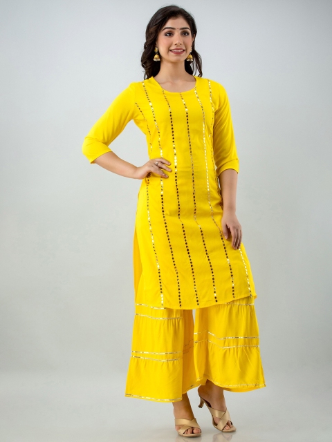 

Lovista Women Yellow Embroidered Mirror Work Kurta with Sharara