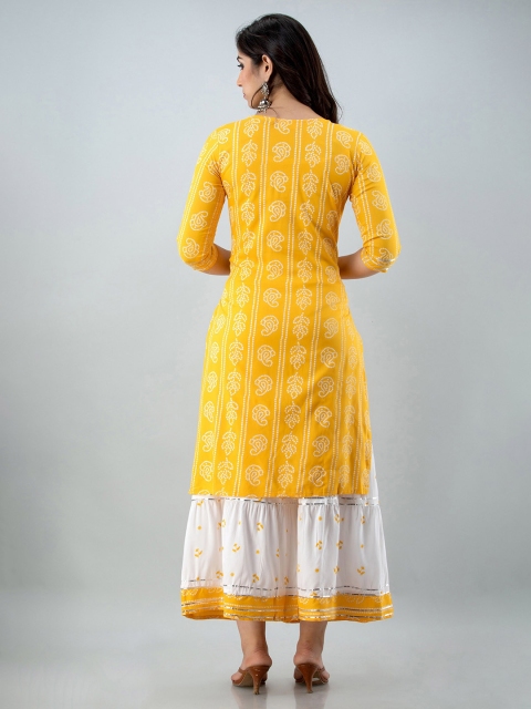 

Lovista Women Yellow Bandhani Printed Kurta with Skirt