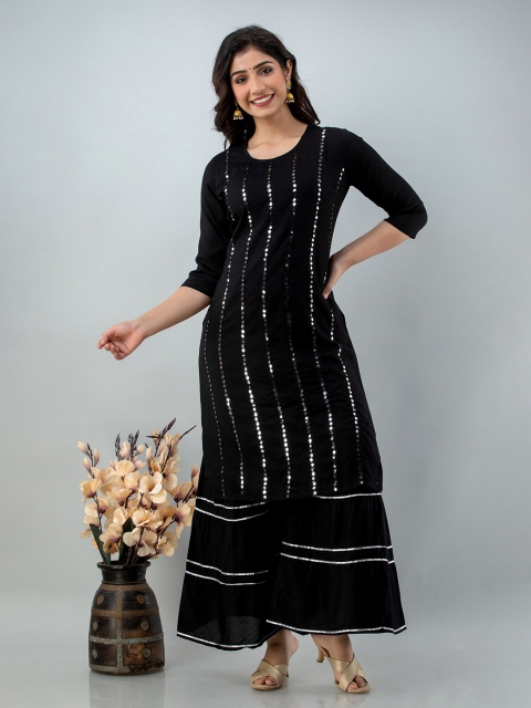

Lovista Women Black Embroidered Mirror Work Kurta with Sharara