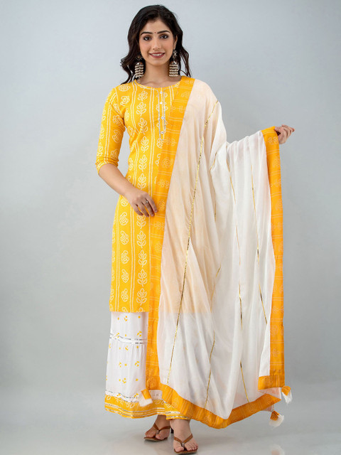 

Lovista Women Yellow & White Bandhani Printed Gotta Patti Kurta with Skirt & With Dupatta