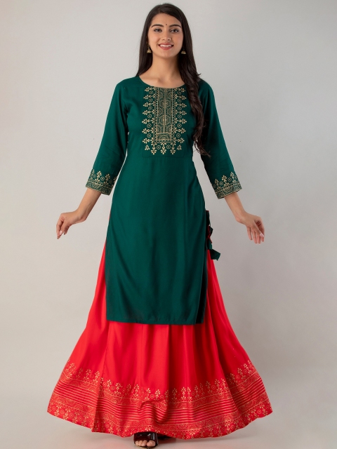 

Lovista Women Green & Fuchsia Ethnic Motifs Printed Kurta & Skirt Set