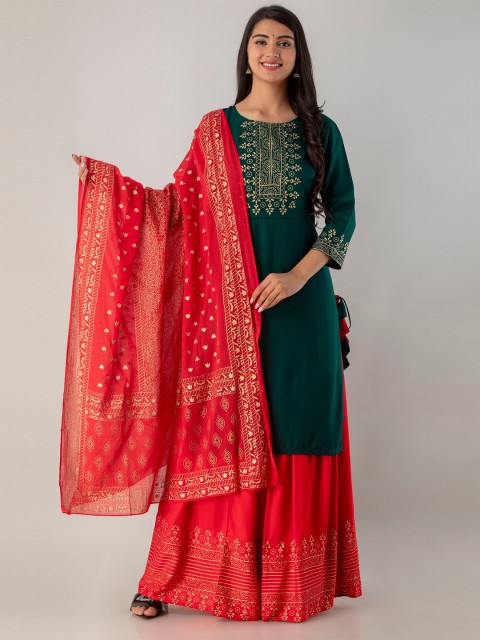 

Lovista Women Green & Fuchsia Floral Printed Kurta Skirt With Dupatta