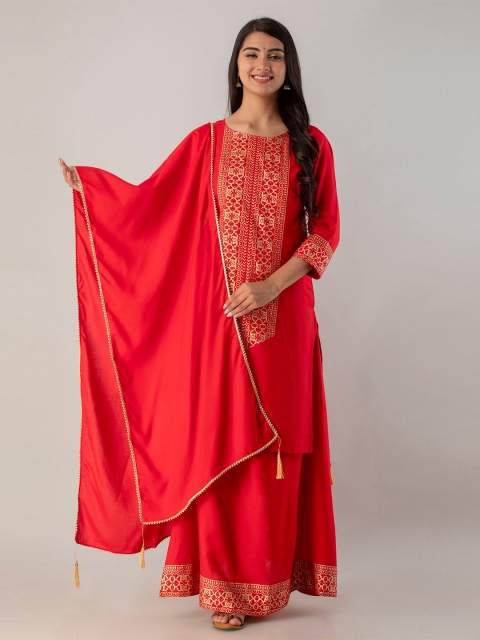 

Lovista Women Red Ethnic Motifs Printed Kurta Skirt With Dupatta Set