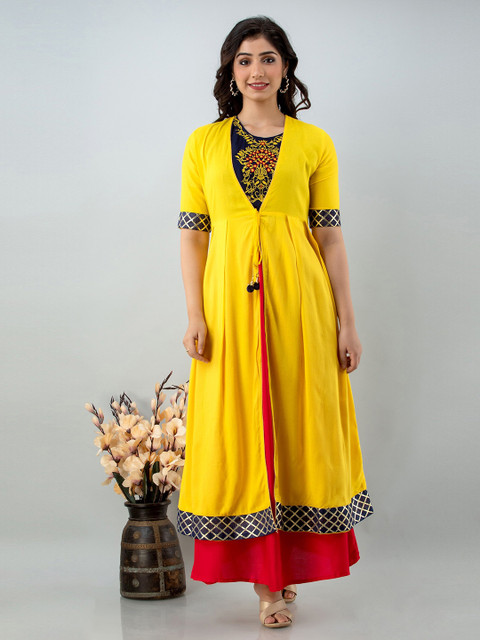 

Lovista Women Yellow Embroidered Top with Skirt & Jacket