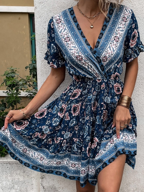 

La Aimee Navy Blue & Off White Floral Print Wrap Top