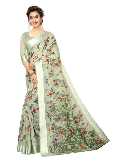 

PERFECTBLUE Sage Green & Red Floral Printed Saree