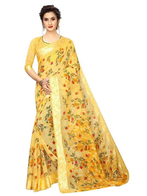 

PERFECTBLUE Yellow & Red Floral Cotton Linen Saree
