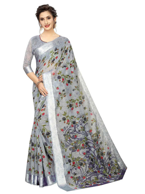 

PERFECTBLUE Grey & Green Floral Printed Saree