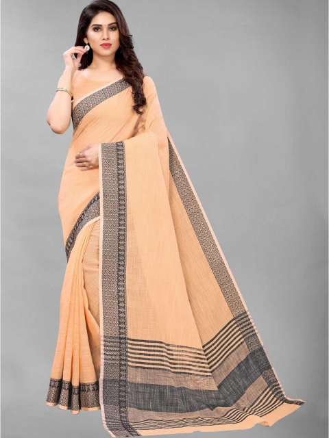 

PERFECTBLUE Peach & Black Woven Design Linen Blend Saree