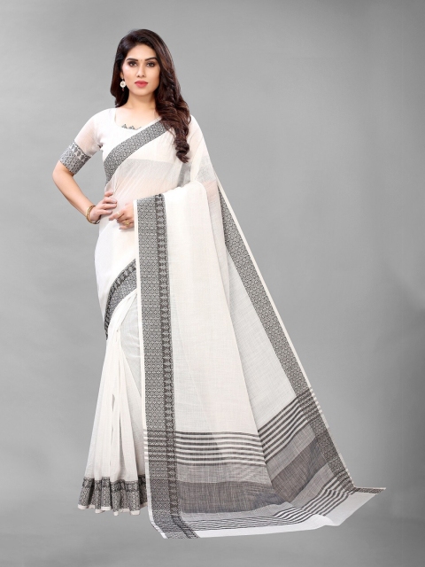 

PERFECTBLUE White & Grey Linen Blend Saree