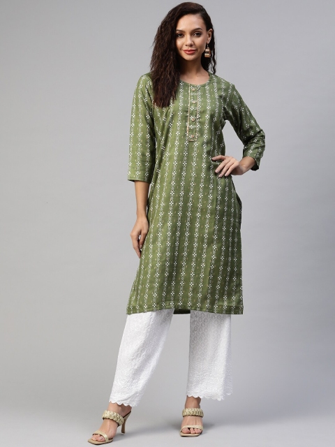 

Aarika Women Olive Green Ethnic Motifs Printed Cotton Kurta