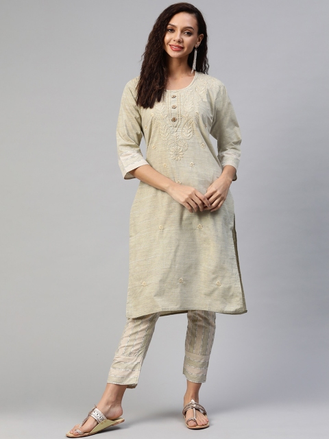 

Aarika Women Beige Embroidered Pure Cotton Kurta with Trousers