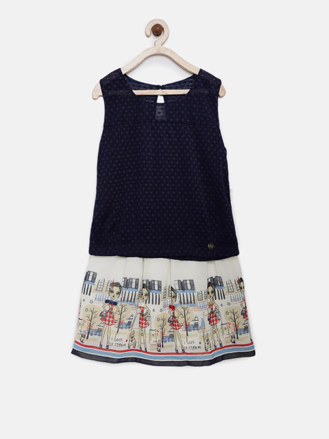 

Peppermint Girls Blue & Off-White Self Design Top with Skirt