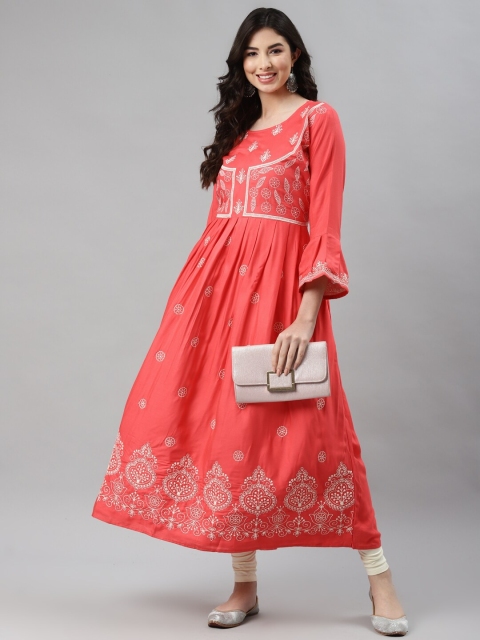 

Aarika Women Coral Ethnic Motifs Embroidered Bell Sleeves Cotton Floral Anarkali Kurta