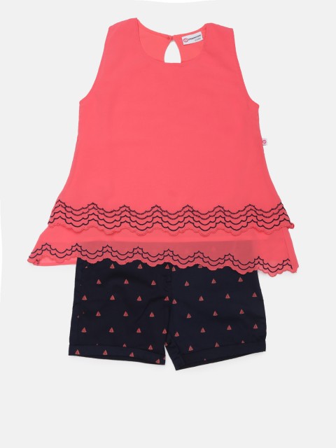 

Peppermint Girls Peach-Coloured & Black Solid Top with Shorts
