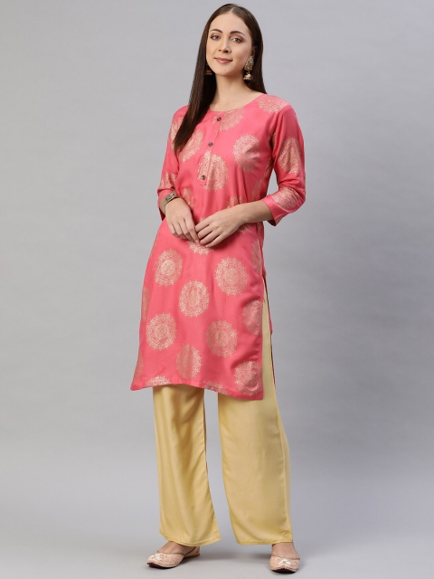 

Aarika Women Pink & Gold-Toned Ethnic Motifs Cotton Printed Straight Kurta