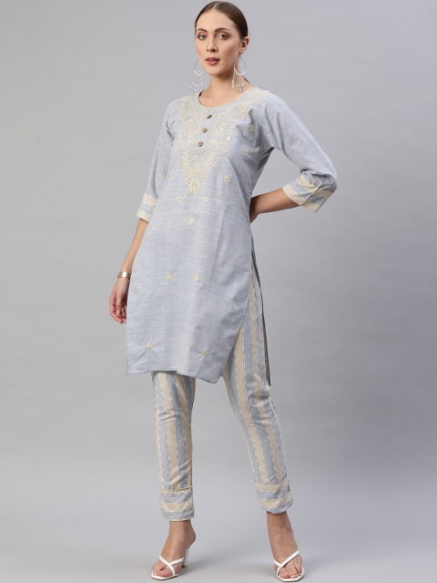 

Aarika Women Blue Embroidered Pure Cotton Kurti with Trousers