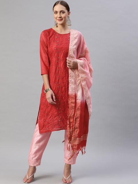 

Aarika Women Red Paisley Embroidered Pure Silk Kurti with Trousers & With Dupatta