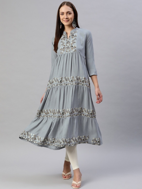 

Aarika Women Grey Floral Embroidered Cotton Anarkali Kurta