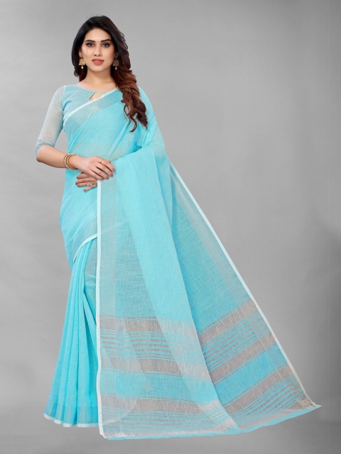 

PERFECTBLUE Blue & Grey Zari Linen Blend Saree