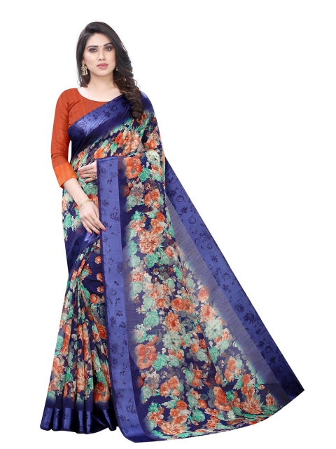 

PERFECTBLUE Navy Blue & Red Floral Printed Cotton Linen Saree