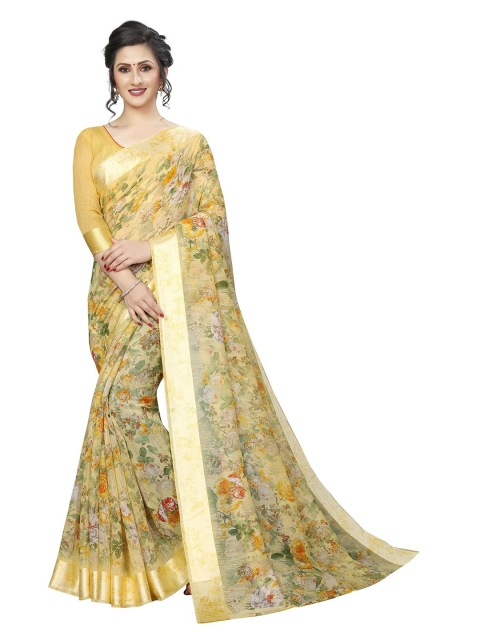 

PERFECTBLUE Yellow & Green Floral Printed Cotton Linen Saree