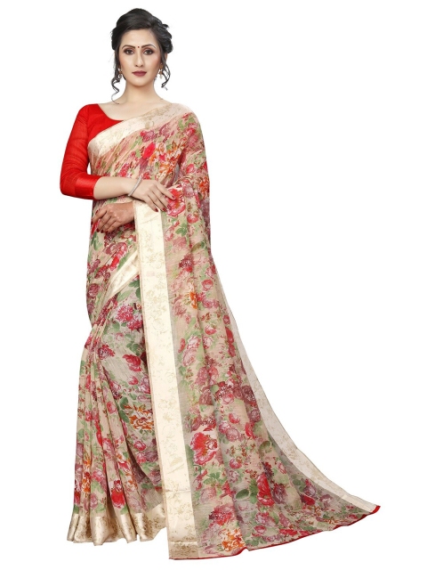 

PERFECTBLUE Red & Green Floral Saree