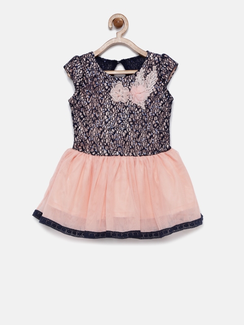 

Peppermint Girls Navy & Peach-Coloured Self-design Drop-Waist Dress, Navy blue