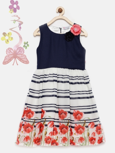 

Peppermint Girls Navy & White Printed Fit & Flare Dress, Navy blue