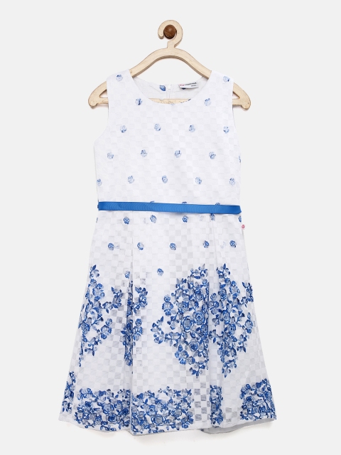 

Peppermint Girls White & Blue Checked & Printed Fit and Flare Dress