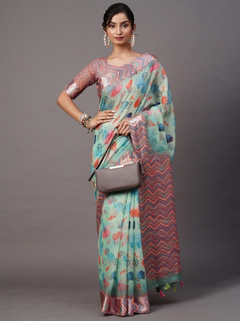 

Mitera Sea Green & Pink Printed Saree