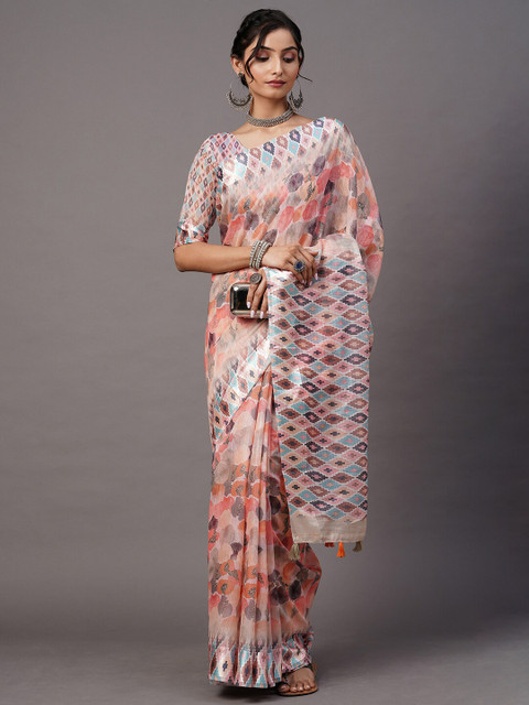 

Mitera Peach-Coloured & Grey Printed Saree