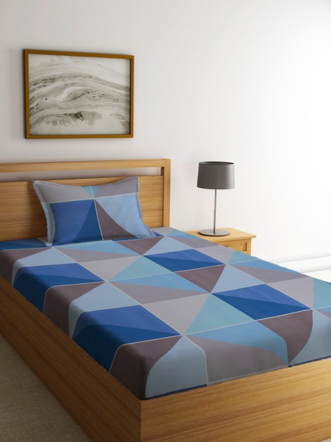 

KLOTTHE Blue & Grey Geometric 210 TC Single Bedsheet with 1 Pillow Cover