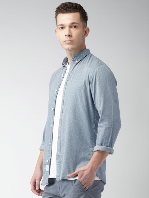 

SELECTED Men Blue Chambray Slim Fit Printed Casual Shirt