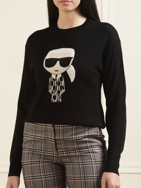 

Karl Lagerfeld Women Black & White Printed Woolen Pullover Sweater