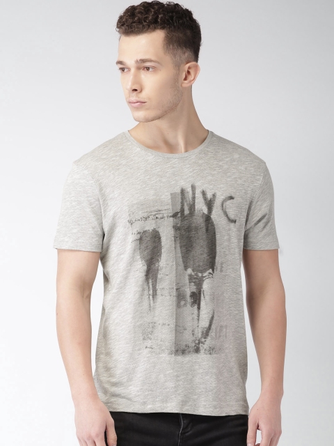 

SELECTED Men Grey Melange Printed Round Neck T-shirt