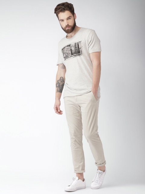 

SELECTED Men Grey Melange Printed Round Neck T-shirt