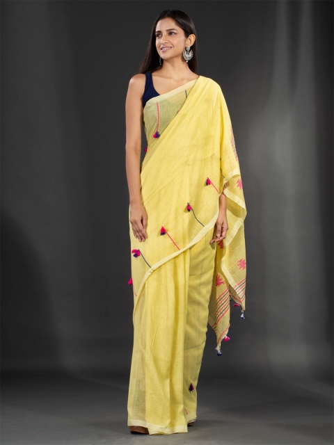 

Charukriti Yellow & Pink Solid Pure Cotton Saree