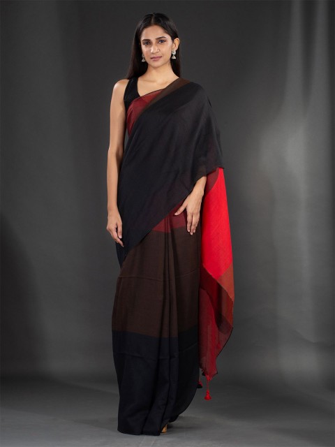 

Charukriti Black & Brown Colourblocked Pure Cotton Saree
