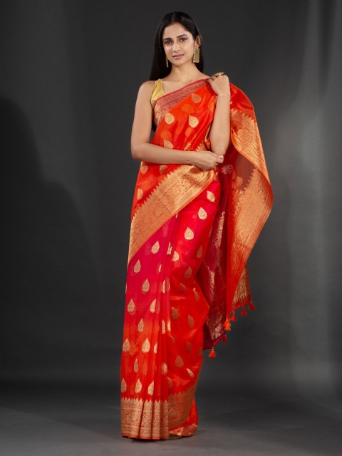 

Charukriti Red & Gold-Toned Woven Design Zari Organza Saree