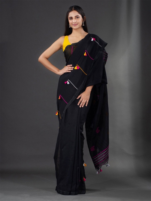 

Charukriti Black & Pink Woven Design Pure Cotton Saree With Pompom