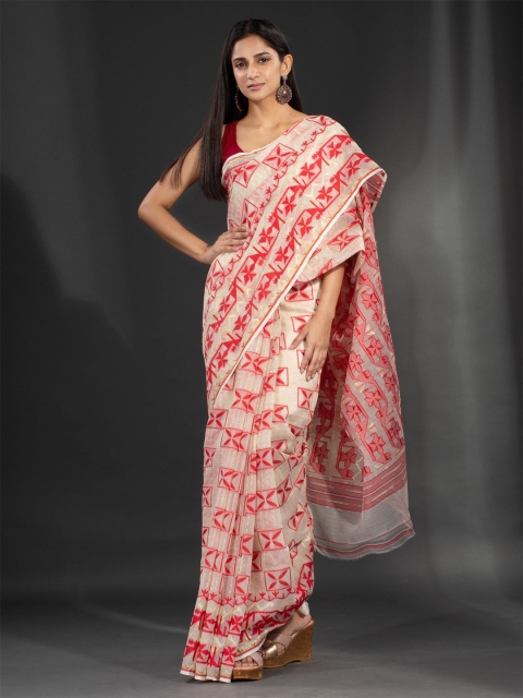 

Charukriti Cream-Coloured & Red Woven Design Silk Cotton Jamdani Saree