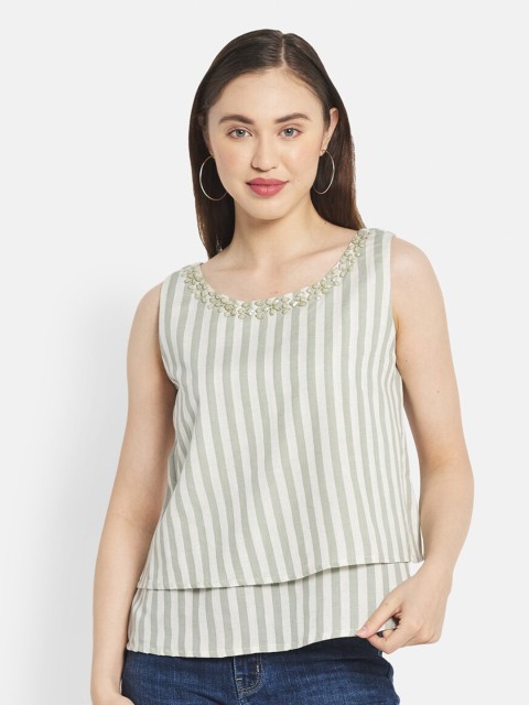 

METTLE Women Olive Green Striped Layered Top
