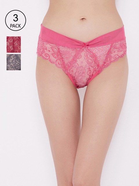 

Clovia Women Pack Of 3 Floral Lace Mid-Rise Bikini Briefs, Maroon