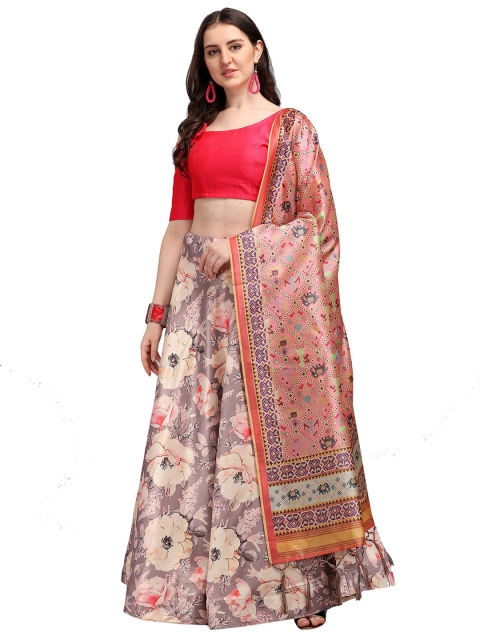

Fashion Basket Grey & Red Semi-Stitched Lehenga & Unstitched Blouse With Dupatta
