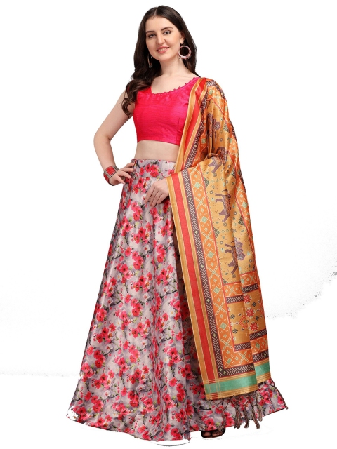 

Fashion Basket Grey & Fuchsia Semi-Stitched Lehenga & Unstitched Blouse With Dupatta