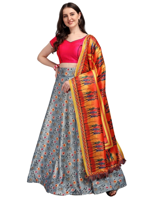 

Fashion Basket Grey & Red Semi-Stitched Lehenga & Unstitched Blouse With Dupatta